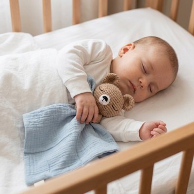 Bébé dort paisiblement dans son lit avec son Doudou bebe bleu 