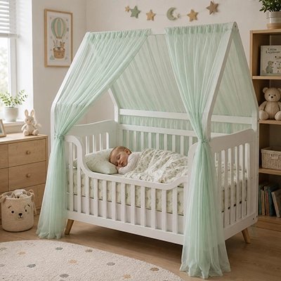 bébé dort paisiblement dans son lit sous le Ciel de lit enfant vert