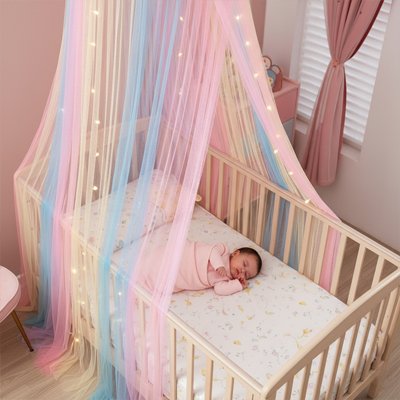 bébé dort paisiblement dans son lit sous le ciel de lit arc en ciel