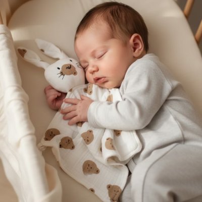 Bébé dort pasiblement en serrant le doudou lapin avec les motifs ourson 