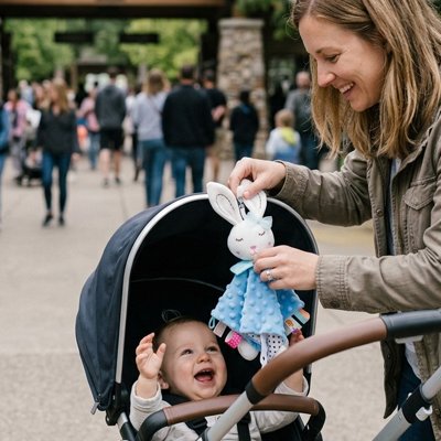 bébé est coentent de prendre Lapin doudou lors de la sortie dans le parc 