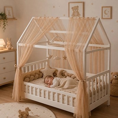 bébé fait la sieste dans son lit sous le Ciel de lit enfant rose 
