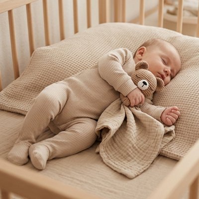 Bébé qui dort confortablememt dans son lit en tenant le Doudou bebe kaki