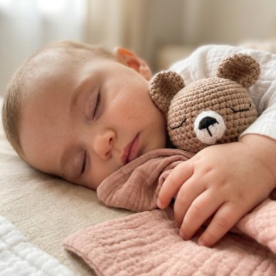 Bébé qui dort dans on lit paisiblement avec Doudou bebe 