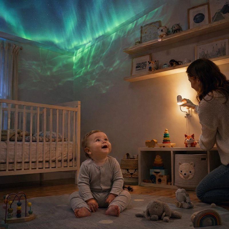 bébé qui reve en regardant le lafond projeté par le Projecteur enfant