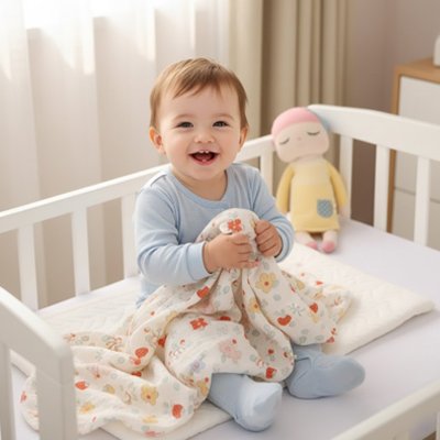 Bébé sur son lit entrain de jouer a coté de la Couverture bébé 