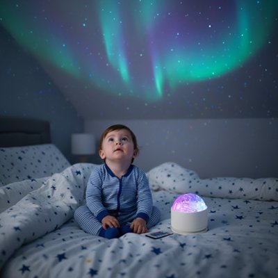 bébé sur son lit qui regarde le toit lumineux projeté par la Veilleuse projection 