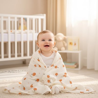 bébé sur son tapis d'eveil avec sa Couverture bébé motif champignon