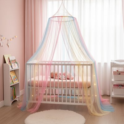 chambre bébé décorée avec le Ciel de lit arc en ciel