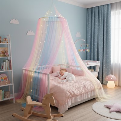 Ciel de lit arc en ciel dans la chambre bébé painte en bleu