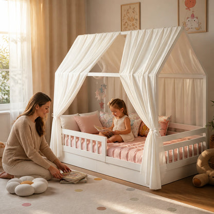 maman et fille partage un mement de comlicité sous le ciel de lit