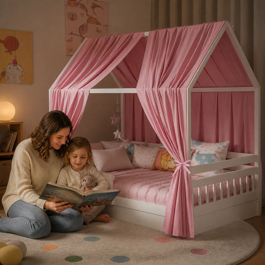 maman qui lit une hstoire a sa fille a coté ciel de lit