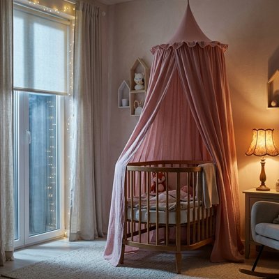 Ciel de lit rose au dessus du lit de bébé 