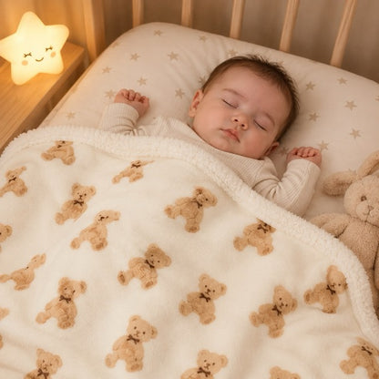 bébé dort paisiblement ambiance calme sous la couverture bebe motif ourson
