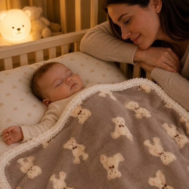 couvertute bebe maman qui regarde dormir son bébé avec fierté