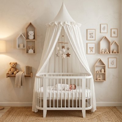 decoration sublime de la chambre bébé avec un Ciel de lit blanc 