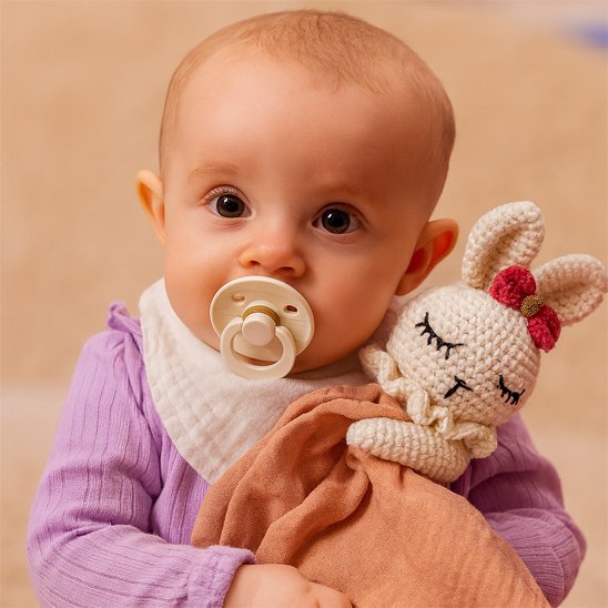 Doudou bebe en forme de lapin avec bébé et sa tétine 