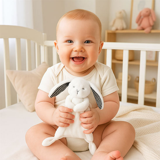 un bébé tout sourire dans son berceau qui joue avec son doudou lapin
