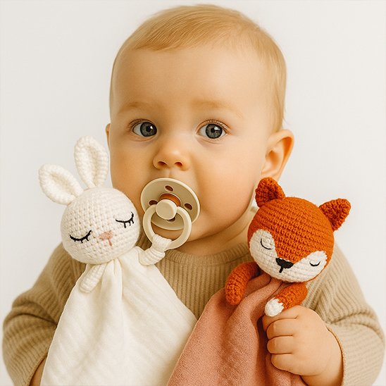 Doudou bebe lapin et renard tenus par bébé