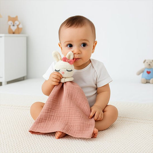 Doudou bebe lapin reconfortant dans les bras de bébé