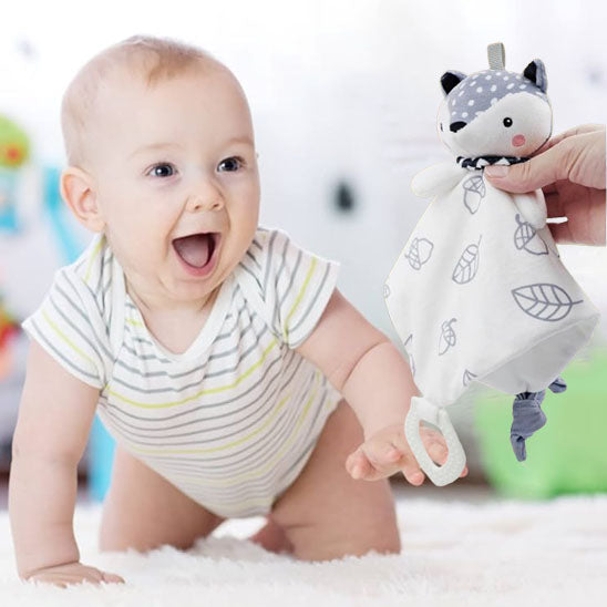 doudou bebe en renard gris avec anneau de dentition