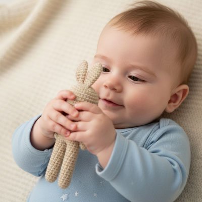 Doudou lapin beige avec bébé dans le lit reconfortant