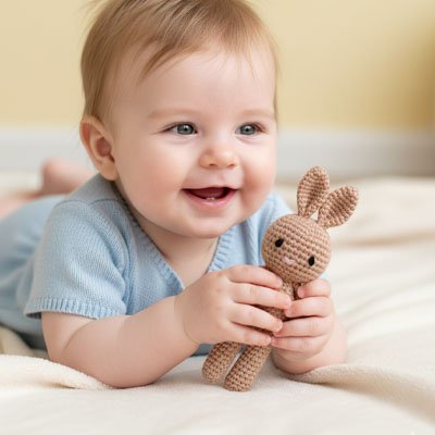 Doudou lapin beige avec bébé qui joue 