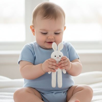 Doudou lapin blanc dans les bras de bébé tres content