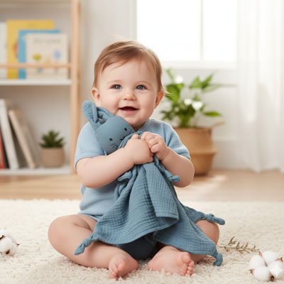 Doudou lapin bleu tenu par bébé tres content de son doudou