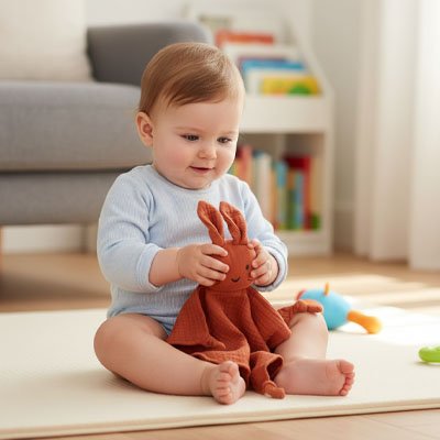 Doudou lapin couleur bordeau dans les bras de bébé content 