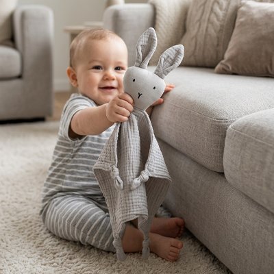 Doudou lapin couleur gris que bébé tient dans sa main et joue