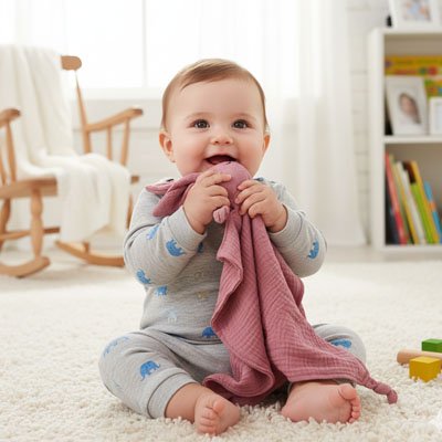 Doudou lapin couleur rose avec bébé dans la chambre entrain de jouer