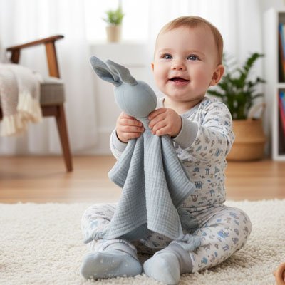 Doudou lapin couleur vert tres mignon avec bébé heureux qui joue