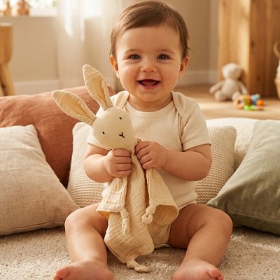 Doudou lapin dans les bras de bébé content de le tenir