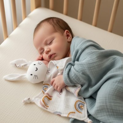 Doudou lapin dans les bras de bébé qui dort