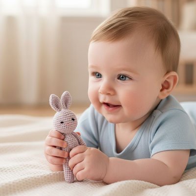 Doudou lapin gris bleu avec bébé heureux de jouer avec le doudou