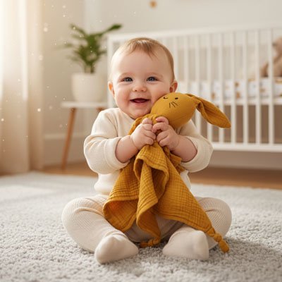 Doudou lapin mignon de couleur marron avec bébé 