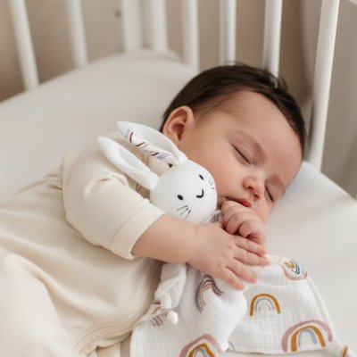 Doudou lapin motif arc en ciel dans les bras de bébé qui dort paisiblement