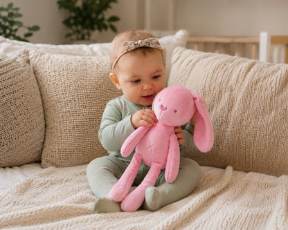 doudou-lapin-rose-bebe-qui-joue-avec-sourire-sur-canape
