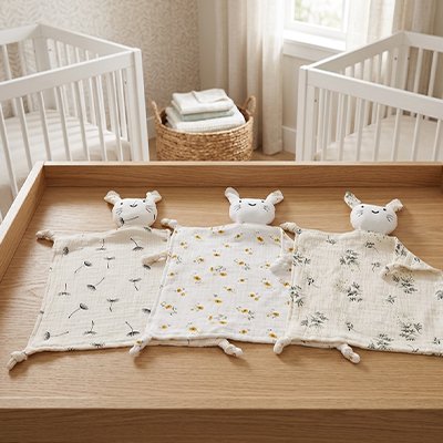 Doudou lapin trois variantes dressées sur la table