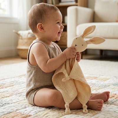 Doudou lapin variante beige avec bébé entrain de jouer