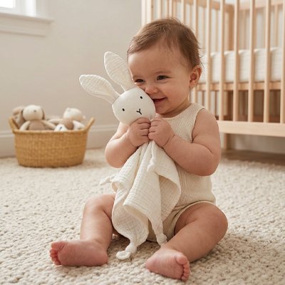 Doudou lapin variante blanche que bébé serre entre ses mains