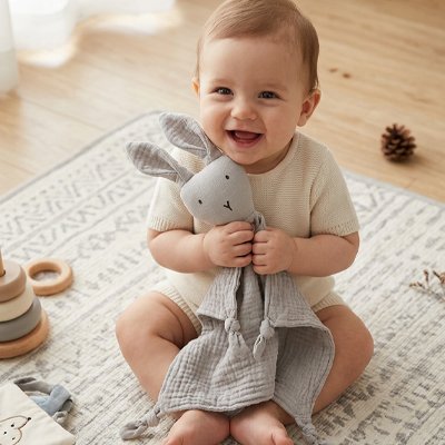 Doudou lapin variante gris avec bébé heureux de jouer 