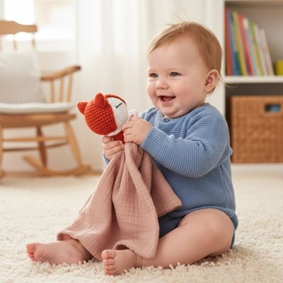 Doudou renard couleur rose dans les bras de bébé tout sourir