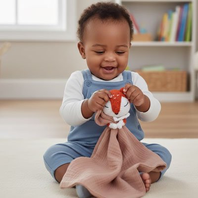 Doudou renard couleure rose avec bébé ambiance cozy