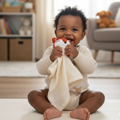 Doudou renard dans les bras de bébé content et en securité
