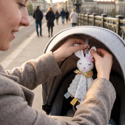 Lapin doudou attaché a la poucette avec maman 