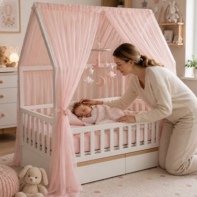 mama cajole son bébé qui dort dans son lit avec Ciel de lit enfant rose 