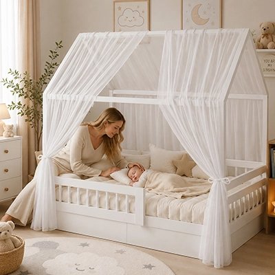 maman berce son bébé qui dort dans son lit sous le Ciel de lit enfant blanc