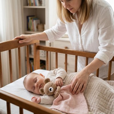maman fait dormir son bébé dans le lit avec son Doudou bebe rose